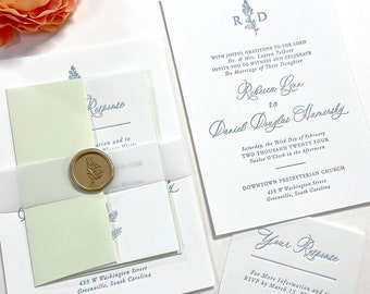 Blue Floral Letterpress Wedding Invitation with pastel blue and green colors