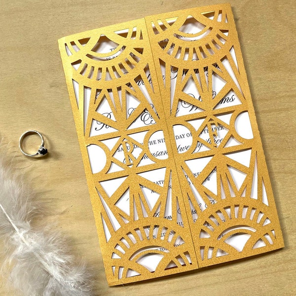 Gold Art Deco Gatefold Laser Cut Wedding Invitation or Custom Color