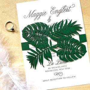 Green Monstera Leaf Laser Cut Wedding Invitation Belly Band Or Custom Color image 1