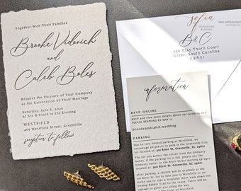 Deckled Edge Handmade Paper Wedding Invitations Letterpress Printed Gray