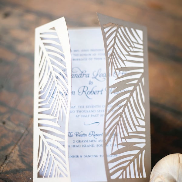 Tropical Palm Leaf Laser Cut Wedding Invitation perfect for a beach or destination wedding