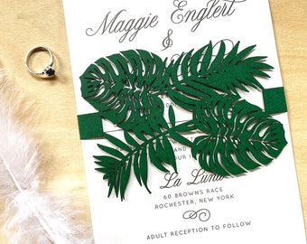 Green Monstera Leaf Laser Cut Wedding Invitation Belly Band Or Custom Color