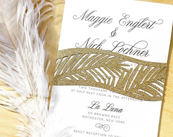 Palm Leaf Laser Cut Wedding Invitation Belly Band Gold Glitter Or Custom Color