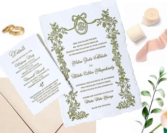 Moss Green Botanical Wedding Invitation with Deckled Edge Handmade Paper