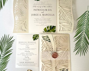 Champagne Colored Palm Leaf Wedding Invitation Destination Tropical Invite