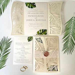 Champagne Colored Palm Leaf Wedding Invitation Destination Tropical Invite