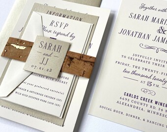 Vineyard Cork Wedding Invitation with Champagne Metallic Gold Colors