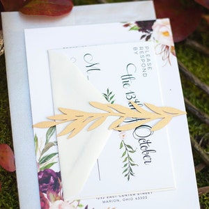 Leaf Vine Wedding Invitation Belly Band Custom Laser Cut gold metallic