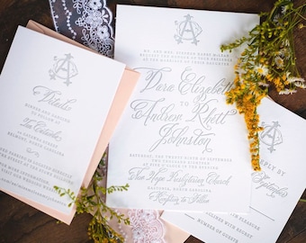 Classic Monogram Letterpress Wedding Invitation Custom Colors and Elegant Calligraphy Font