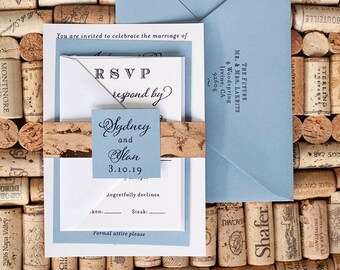 Dusty Blue Cork Vineyard Wedding Invitation