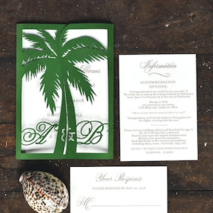 Laser Cut Green Palm Tree Monogram Wedding Invitation, Luxury Destination Tropical Wedding Invitation