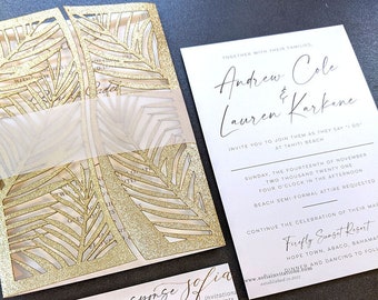 Gold Glitter Palm Wedding Invitation Laser Cut for a Luxury Destination Wedding