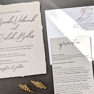 May include: A wedding invitation suite with a rustic paper texture. The invitation features the names "Brooke Viderich" and "Caleb Boles" in elegant calligraphy. The RSVP card includes information about the wedding date, time, and location. The invitation is decorated with gold accents.
