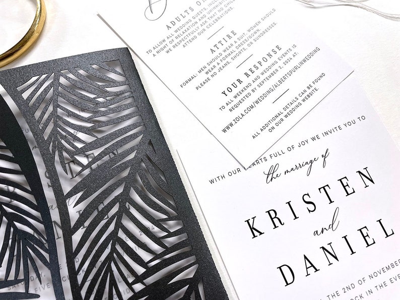 Black and White Palm Leaf Wedding Invitation Destination Tropical Invite image 2