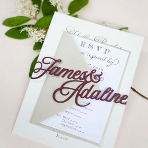 Laser Cut Wedding Invitation Wrap Band with Custom Names in Modern Calligraphy Font