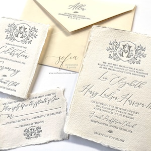 Deckled Torn Edge Wedding Invitations with Monogram