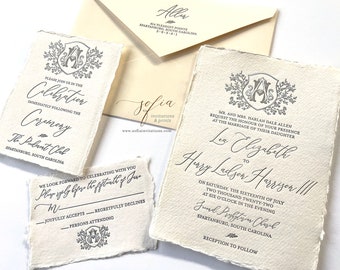 Deckled Torn Edge Wedding Invitations with Monogram
