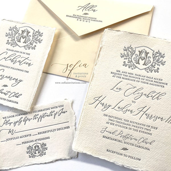 Deckled Torn Edge Wedding Invitations with Monogram