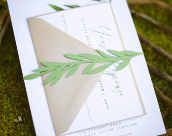 Moss Green Vine Wedding Invitation Belly Band Custom Laser Cut