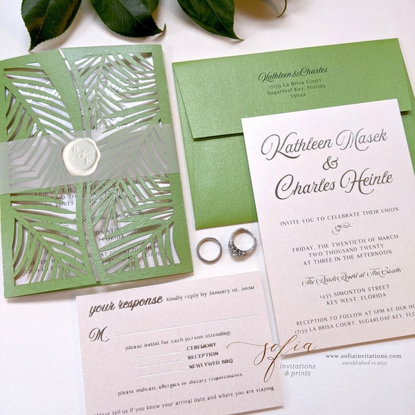 Tropical Palm Wedding Invitation in Green Metallic with Silver Foil
