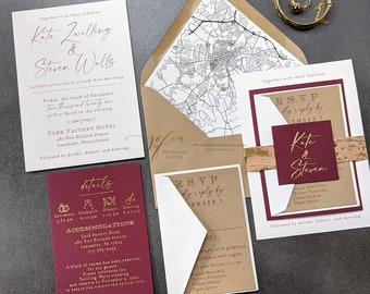 Burgundy and Gold Foil Wedding Invitation with custom map liner and cork belly band