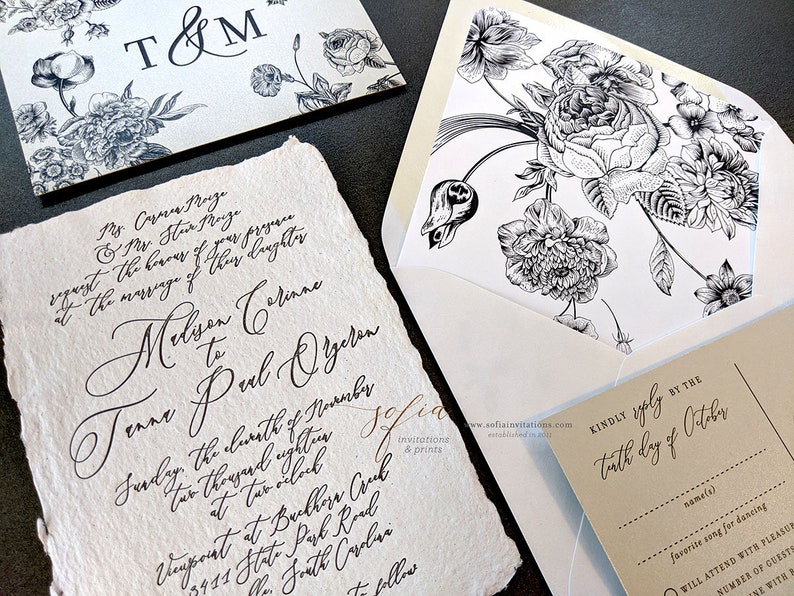Deckled Edge Wedding Invitations with Black and White Floral Envelope Liner image 3