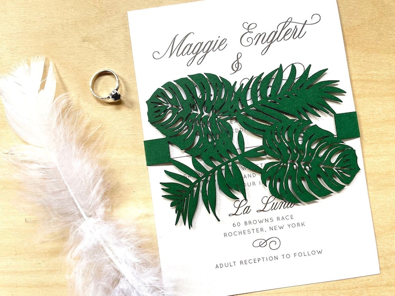 Green Monstera Leaf Laser Cut Wedding Invitation Belly Band Or Custom Color image 1