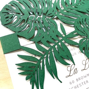 Green Monstera Leaf Laser Cut Wedding Invitation Belly Band Or Custom Color image 2