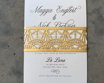 Art Deco Laser Cut Wedding Invitation Belly Band Gold Or Custom Color