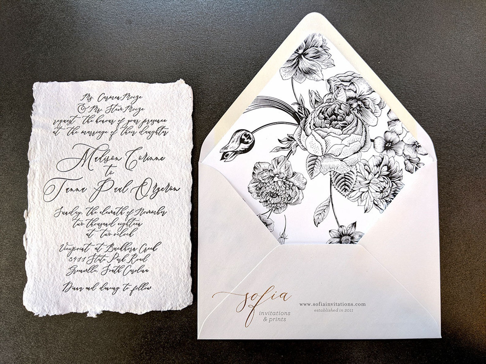 Deckled Edge Wedding Invitations With Black and White Floral Etsy