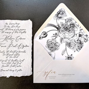 Deckled Edge Wedding Invitations with Black and White Floral Envelope Liner image 1