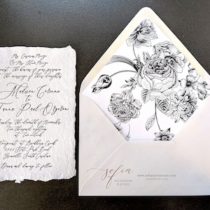 Deckled Edge Wedding Invitations with Black and White Floral Envelope Liner