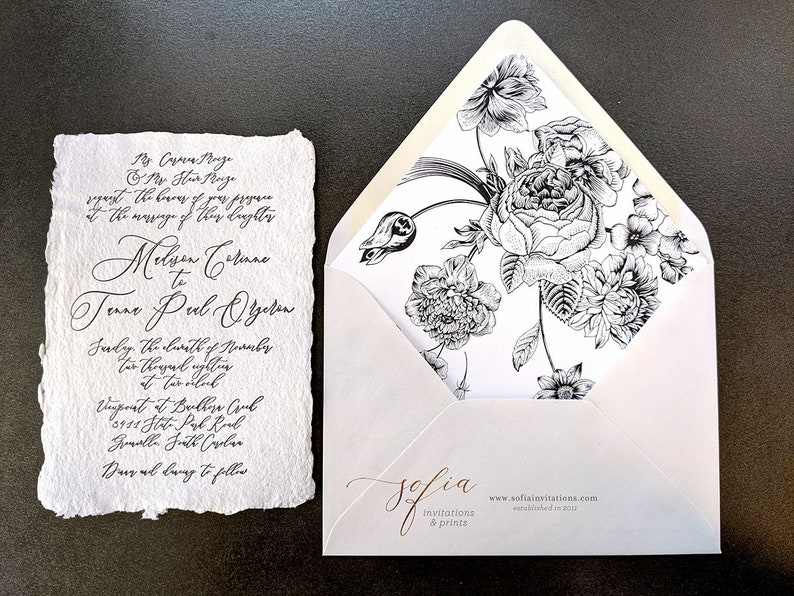 Deckled Edge Wedding Invitations with Black and White Floral Envelope Liner image 1