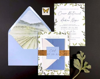 French Blue Wedding Invitation with Vineyard Watercolor Landscape Envelope Liner and Cork Gold Tag