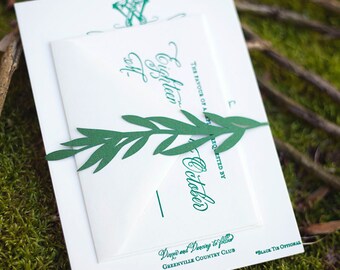 Emerald Forest Green Leaf Vine Wedding Invitation Belly Band Custom Laser Cut