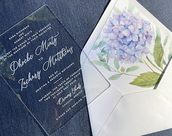 Hydrangea Wedding Invitation Watercolor with Clear Acrylic