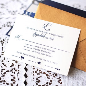 Puede incluir: Una tarjeta RSVP blanca con texto azul y un sobre dorado. El texto dice "The favor of your reply is requested by L2 September 15, 2017". Hay tres l&iacute;neas para que el invitado marque: "Accepts with pleasure", "Number attending" y "Declines with regret".