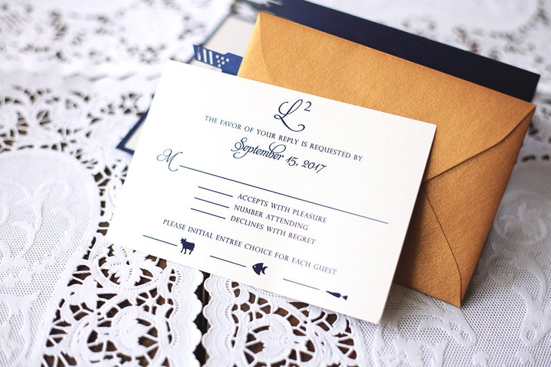 Puede incluir: Una tarjeta RSVP blanca con texto azul y un sobre dorado. El texto dice "The favor of your reply is requested by L2 September 15, 2017". Hay tres l&iacute;neas para que el invitado marque: "Accepts with pleasure", "Number attending" y "Declines with regret".