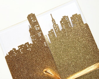 Laser Cut City Chicago Wedding Invitation, Gold Glitter Wedding Invitation