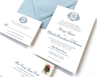 Powder French Blue Letterpress Wedding Invitation with Monogram Crest