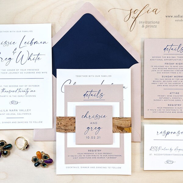 Vineyard Cork Wedding Invitation with Navy and Blush Metallic