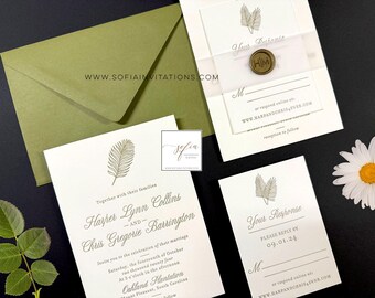 Embossed Palm Leaf Wedding Invitation Moss Green, White, and Gold Letterpress Invitation with wax seal