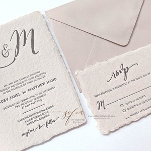 Deckled Edge Blush Pink Letterpress Printed Wedding Invitations with Monogram