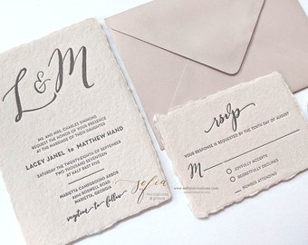 Deckled Edge Blush Pink Letterpress Printed Wedding Invitations with Monogram