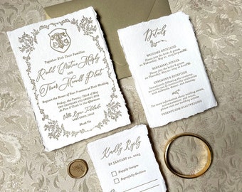 Vintage Inspired Wedding Invitation with Deckled Edge on Handmade Paper and Leaf Border