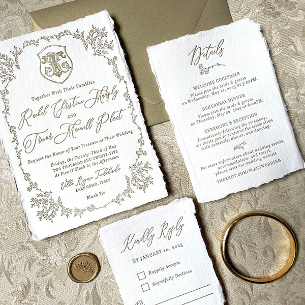 Vintage Inspired Wedding Invitation with Deckled Edge on Handmade Paper and Leaf Border