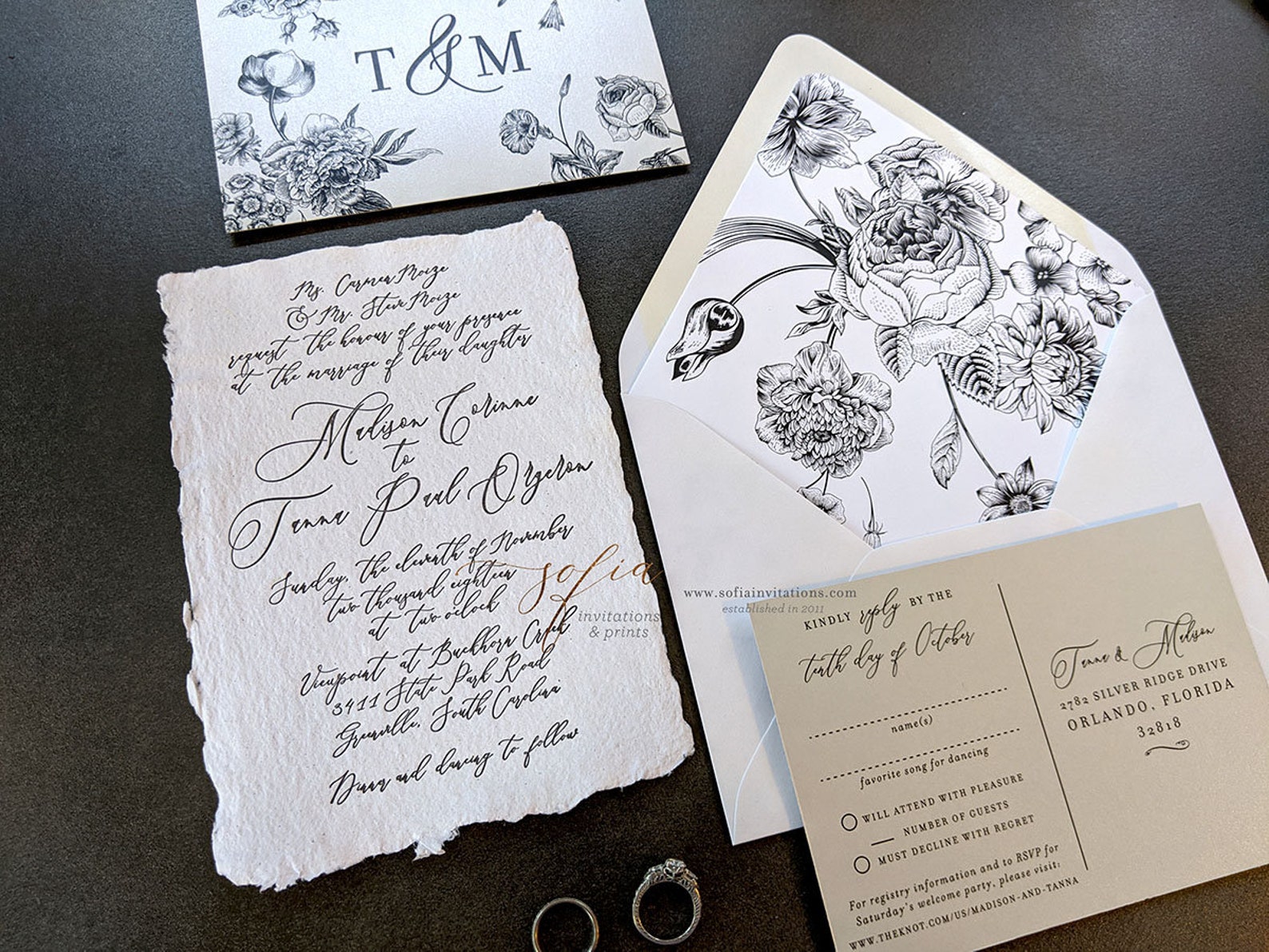 Deckled Edge Wedding Invitations With Black and White Floral Etsy