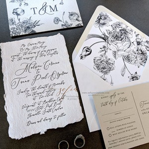 Deckled Edge Wedding Invitations with Black and White Floral Envelope Liner image 2