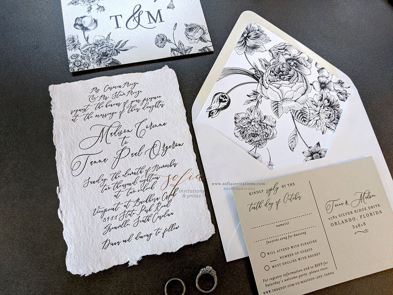 Deckled Edge Wedding Invitations with Black and White Floral Envelope Liner image 2