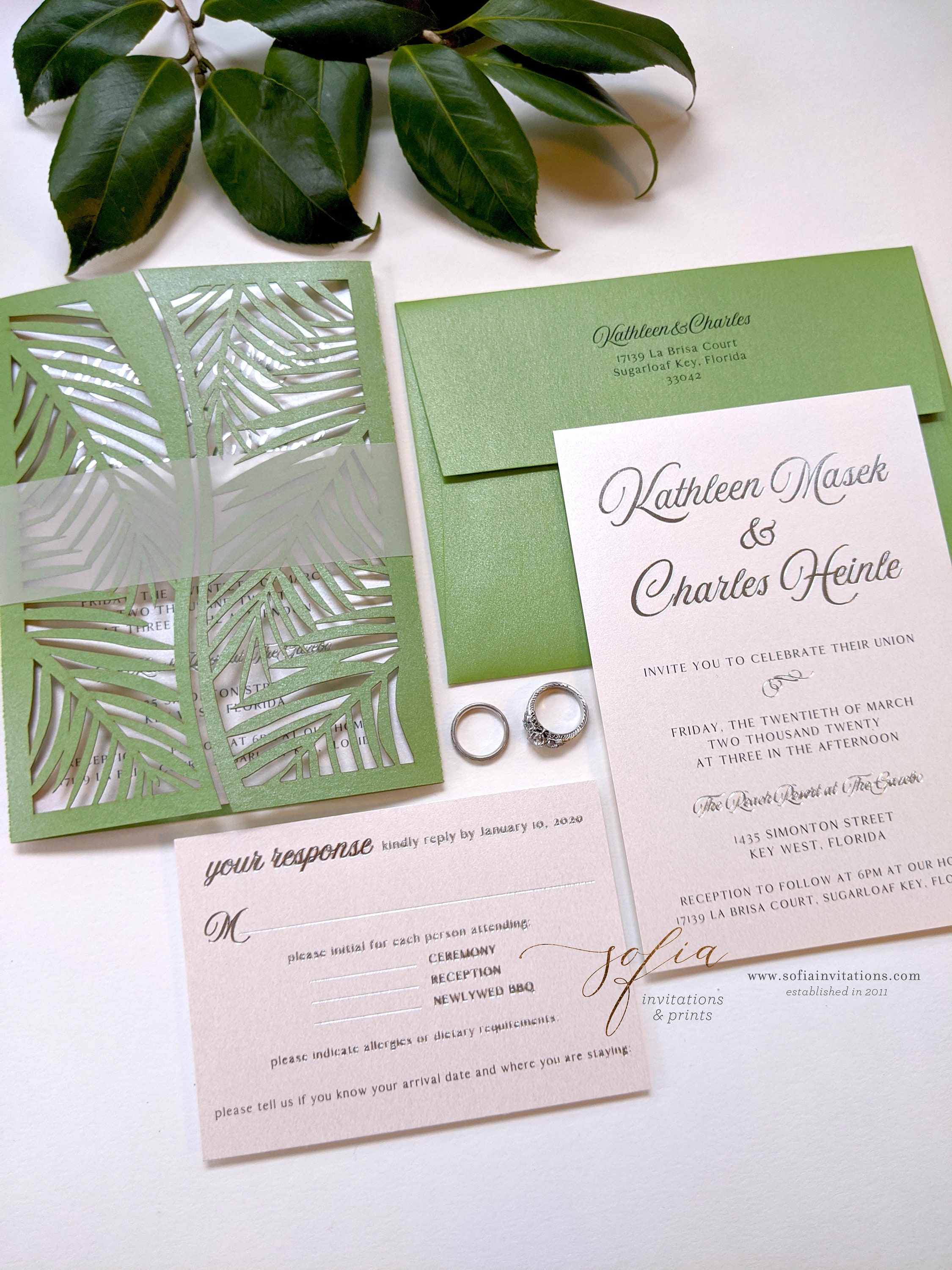Tropical Palm Wedding Invitation in Green Metallic With Silver Etsy